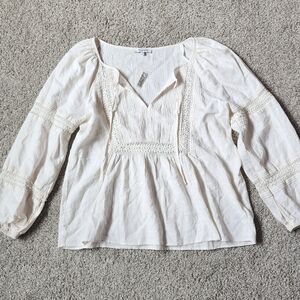 Madewell NWT Linen Blend Peasant Pintuck Crochet Bubble Sleeves Cream Top S